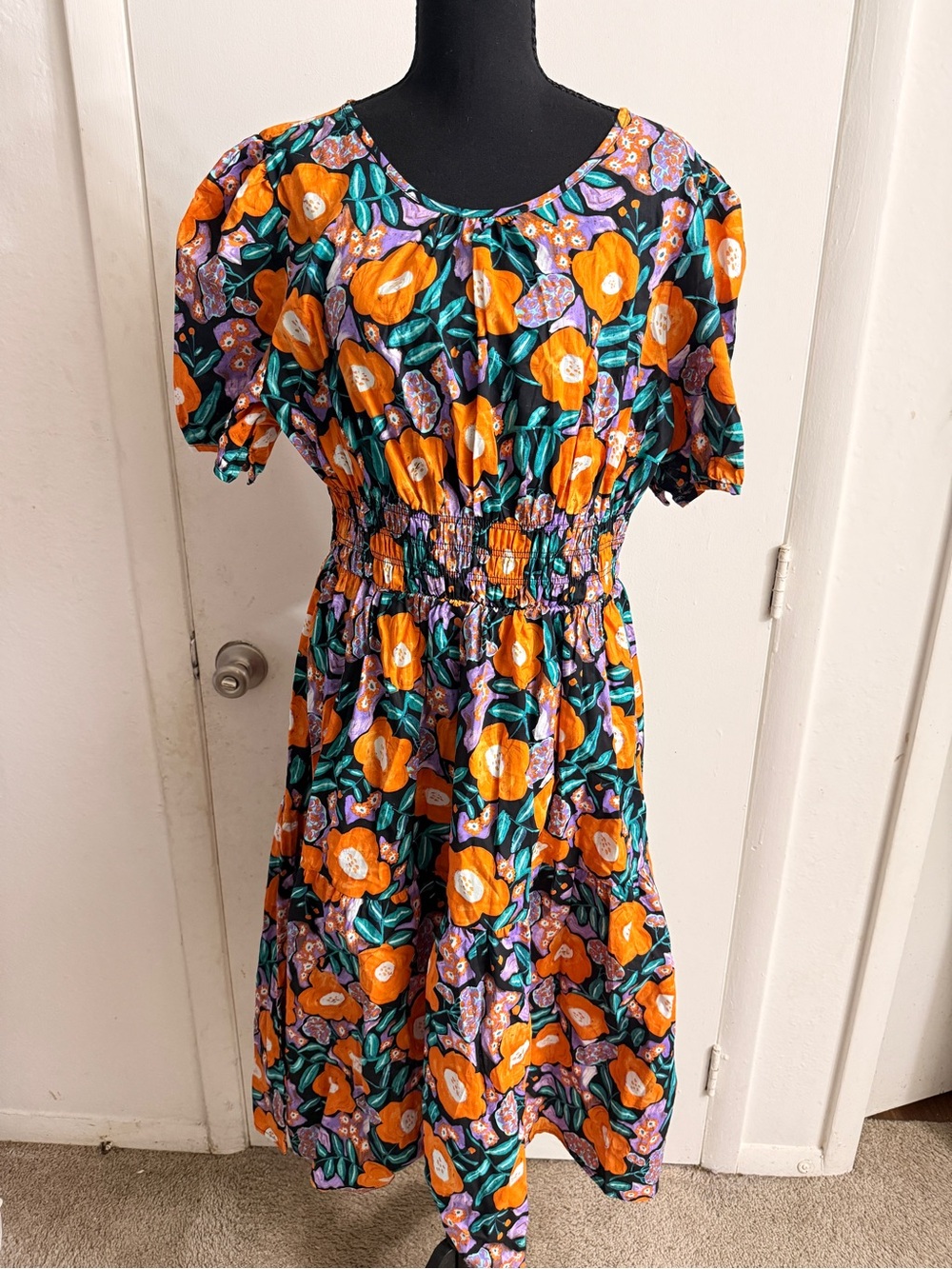 Floral Smocked Waist Midi Dress in Orange & Black